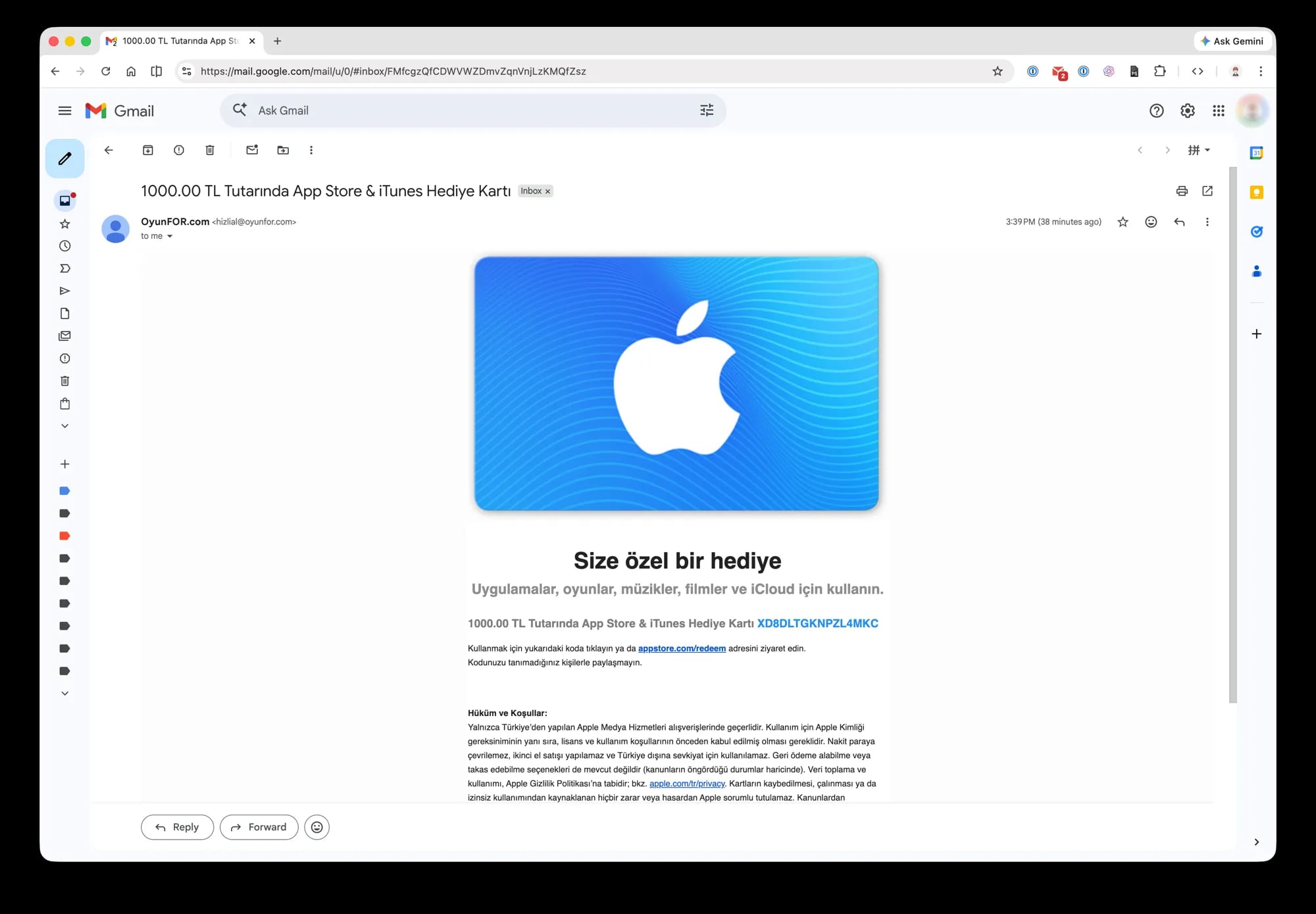 Oyunfor 礼品卡邮件