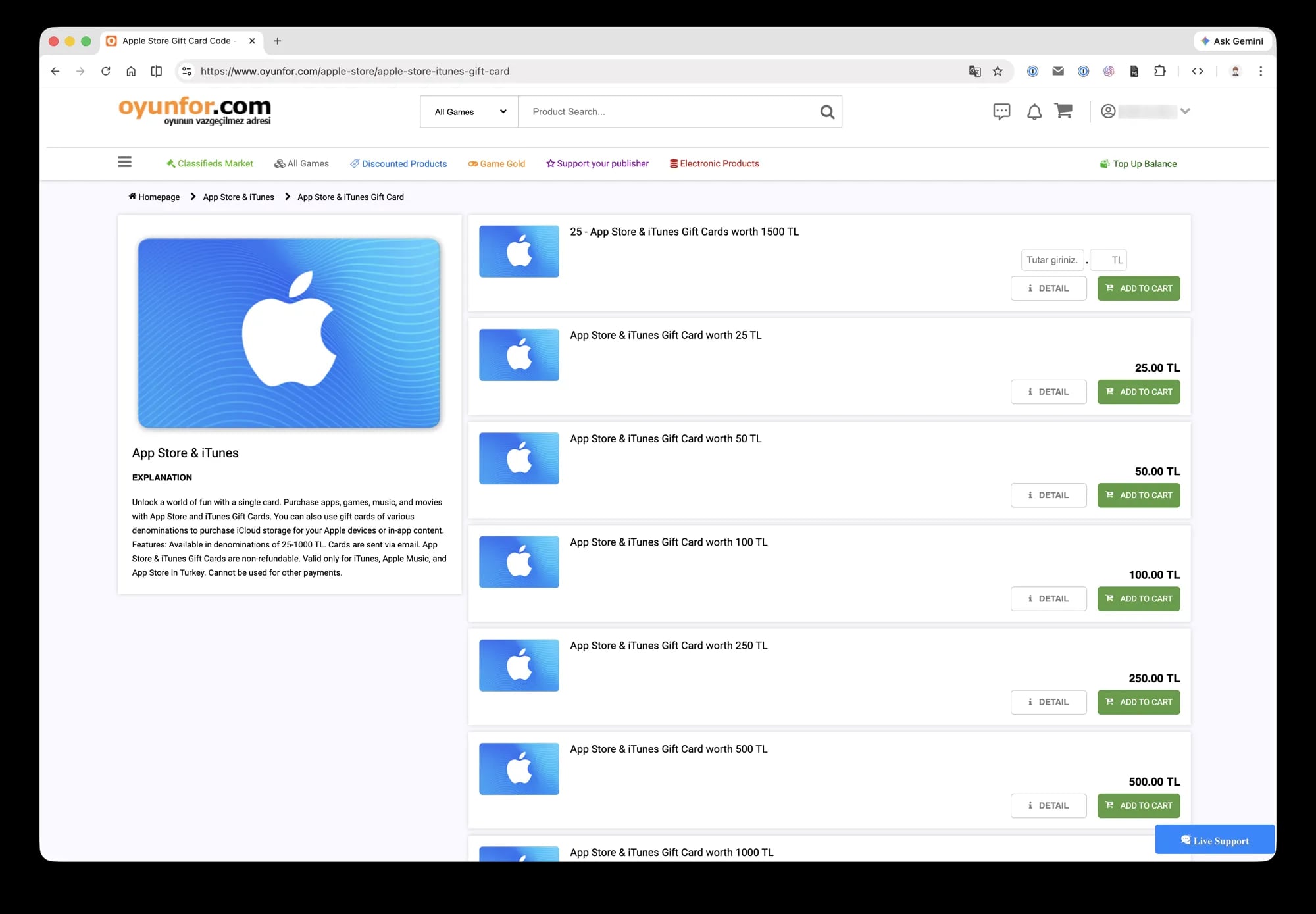 Oyunfor 礼品卡选择页面